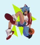  2021 anthro ball basketball_(ball) black_nose blue_hair botak bottomwear brand_new_animal brown_body canid canine clothing female footwear hair hi_res looking_at_viewer mammal michiru_kagemori raccoon_dog shirt shoes shorts simple_background smile solo studio_trigger tanuki topwear 