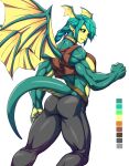  2021 7:9 anthro biceps bottomwear butt butt_pose clothing color_swatch deltoids dragon ear_piercing female green_eyes hair head_wings hi_res missymouseculus muscular muscular_female pants piercing ponytail pose pupils scalie simple_background slit_pupils solo triceps white_background wings 