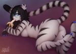  anthro atsuii banana black_hair blue_eyes breasts butt claws collar digital_media_(artwork) eating felid female food fruit hair looking_at_viewer lying mammal nude on_front pantherine plant shaded signature simple_background solo stripes tiger 