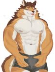  abs anthro barrel_(live-a-hero) biceps blep blush bottomwear bulge canid canine canis clothing hoang_nguyen live-a-hero male mammal muscular muscular_anthro muscular_male navel nipples pecs shorts solo tongue tongue_out video_games wolf 