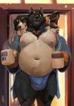  2021 3_heads anthro bedroom_eyes belly beverage biped black_body black_fur blue_clothing blue_jockstrap blue_underwear bulge canid canine canis cerberus chest_tuft chubby_male clothed clothing coffee coffee_mug cup detailed_background digital_media_(artwork) digital_painting_(artwork) domestic_dog european_mythology fur glistening glistening_eyes glistening_nose good_boy greek_mythology hi_res holding_mug holding_object inside jockstrap licking licking_lips licking_own_lips looking_at_viewer male mammal multi_head musclegut mystikfox61 mythology narrowed_eyes navel neck_tuft nightgown nipples obese open_clothing open_mouth open_topwear overweight portrait seductive self_lick sharp_teeth signature smile solo standing tan_body tan_fur teeth three-quarter_portrait tongue tongue_out topwear tuft underwear yawn 