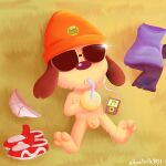  1:1 absurd_res albinoturtle anthro balls canid canine canis clothing domestic_dog eyewear footwear genitals hat headgear headwear hi_res lying male mammal mostly_nude parappa parappa_the_rapper penis shoes solo sony_corporation sony_interactive_entertainment sunglasses underwear video_games 