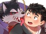  anthro blush canid canine canis chain cheek_lick chubby_protagonist_(tas) domestic_dog duo face_lick garmr hijirinoyuta human licking male male/male mammal protagonist_(tas) tokyo_afterschool_summoners tongue tongue_out video_games 