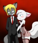  2018 2_tails anthro black_tie_(suit) blonde_hair blue_eyes blush bulge canid canine clothed clothing collar crossdressing digital_media_(artwork) duo eyelashes fingers fox fur girly grey_body grey_fur hair hi_res inner_ear_fluff logan_the_fox male mammal multi_tail nightgown red_background sandwich-anomaly simple_background smile suit teal_eyes teeth thong tuft underwear white_body white_fur white_hair 