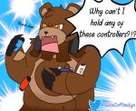  2021 5_fingers angry anthro bearphones blue_background brown_body brown_fur claws controller dialogue english_text fan_character fingers front_view fur game_controller gamecube gamecube_controller headphones joycon_controller limes_guy male meme nintendo nintendo_controller nintendo_switch open_mouth orange_eyes pawpads pok&eacute;mon pok&eacute;mon_(species) quentinmimikyu simple_background smaller_version_at_source solo speech_bubble standing text twitter ursaring video_games wii wii_remote 