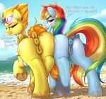 2021 absurd_res animal_genitalia animal_pussy anus ass_to_ass beach bodily_fluids butt butt_size_difference comparing cutie_mark dialogue digital_media_(artwork) dock duo english_text equid equine equine_pussy eyebrows eyewear female feral friendship_is_magic genital_fluids genitals hasbro hi_res hooves looking_at_viewer looking_back mammal multicolored_tail my_little_pony outside pegasus pussy pussy_juice rainbow_dash_(mlp) rainbow_tail rear_view redvais sand seaside spitfire_(mlp) sunglasses text underhoof wings wonderbolts_(mlp) 