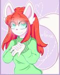  &lt;3 4:5 anthro arctic_wolf blue_eyes canid canine canis clothed clothing female fur green_clothing green_sweater green_topwear hair hi_res looking_at_viewer mammal nora_the_wolf purple_background red_hair simple_background solo sweater techno_raven topwear turtleneck white_body white_fur wolf 