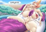  alternate_version_at_source anthro areola big_breasts bikini breasts bubble capcom clothing dialogue english_text female huge_breasts leviathan_(mh) looking_at_viewer mizutsune mleonheart monster_hunter nipple_outline sling_bikini solo spread_legs spreading swimwear talking_to_viewer text video_games 
