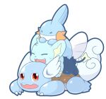  2018 ambiguous_gender blue_body blue_fur eyes_closed feral fur group mudkip nintendo open_mouth open_smile pok&eacute;mon pok&eacute;mon_(species) shinx simple_background smile tatu_wani_(artist) trio video_games wartortle white_background 