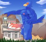  absurd_res anthro avian balls bird bodily_fluids cum cum_inside cum_on_balls cum_on_leg cum_on_penis erection excessive_cum falco_lombardi flooding genital_fluids genitals hi_res humanoid_genitalia humanoid_penis internal macro male manyu mountain muscular nintendo penetration penile penis penis_milking solo star_fox tunnel video_games worship 