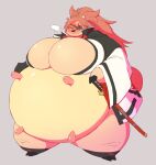  2021 alternate_species anthro arc_system_works asian_clothing baiken big_breasts black_nose blush breasts clothing east_asian_clothing eye_patch eyewear female guilty_gear hair hooves horn huge_breasts implied_transformation melee_weapon miltank nintendo overweight overweight_anthro pok&eacute;mon pok&eacute;mon_(species) red_hair simple_background solo standing subakitsu sword teats udders video_games weapon wide_hips 