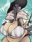  2019 3:4 accipitrid accipitriform anthro avian beak big_breasts bikini bird breasts cigarette_holder claws cleavage clothed clothing curvy_figure eyeshadow feathers female grey_body grey_feathers grind3r half-closed_eyes hi_res huge_breasts long_neck looking_at_viewer lulu_(grind3r) makeup mature_anthro mature_female narrowed_eyes neck_tuft old_world_vulture orange_eyes painted_claws plant slightly_chubby smile smirk sun_hat swimwear tail_feathers tan_body tan_feathers thick_thighs tuft voluptuous vulture wide_hips yellow_sclera 