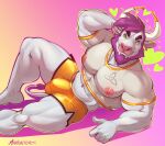  &lt;3 anthro armband beard bottomwear bovid bovine bulge cattle clothed clothing ear_piercing facial_hair green_eyes hair hi_res horn jewelry lying male mammal marlon.cores muscular muscular_anthro muscular_male necklace nipples on_side pecs piercing purple_hair shorts solo topless white_body 