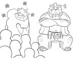  2021 anthro ashigara belly blush canid canine canis domestic_dog eyes_closed group hi_res hon55728 hug kemono male mammal monochrome moritaka navel overweight overweight_male sad scar sitting tokyo_afterschool_summoners ursid video_games 