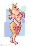  bandai_namco big_breasts blue_eyes breasts clothing digimon digimon_(species) female hi_res nipples one-piece_swimsuit paws posv-e renamon simple_background slightly_chubby smile solo swimwear text thick_thighs url 