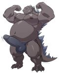  4:5 absurd_res anthro balls barazoku belly bicep_curl biceps big_muscles big_pecs claws clothing erection feet flexing flexing_bicep genitals godzilla godzilla_(series) hi_res kaiju looking_at_viewer maldu male monster musclegut muscular muscular_male nipples overweight overweight_male pecs penis scalie simple_background smile smirk solo speedo spikes swimwear toe_claws toes toho watermark yellow_eyes 