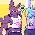  1:1 angel_(dragon_ball) anthro beerus clothing digital_media_(artwork) domestic_cat dragon_ball dragon_ball_super duo felid feline felis fizzyjay hairless hairless_cat hi_res humanoid humor looking_at_viewer male mammal shirt simple_background sphynx_(cat) tank_top text topwear whis 