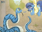  4:3 absurd_res blue_body blue_scales coiling cutie_mark dialogue english_text equid equine fan_character female fluffyxai forked_tongue hasbro hi_res horn mammal my_little_pony reptile ruins scales scalie scared snake spiral_eyes text tongue tongue_wrap unicorn 