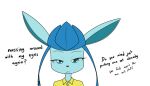  2018 anthro blue_body blue_fur blue_hair clothing dialogue digital_media_(artwork) dress_shirt eeveelution english_text eyelashes female fur galia_(sandwich-anomaly) glaceon hair looking_at_viewer nintendo pok&eacute;mon pok&eacute;mon_(species) sandwich-anomaly shirt simple_background solo talking_to_viewer teal_eyes teeth text topwear video_games white_background 