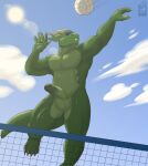 2021 5_fingers absurd_res anthro ball balls biped bodily_fluids casual_nudity cloud digital_media_(artwork) dragon fingers genitals glans green_body hi_res horn humanoid_genitalia humanoid_penis jumping male nelldemon nude outside penis scalie sky solo sport sun sweat volleyball volleyball_(ball) 