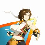  breasts brown_eyes brown_hair dungeon_and_fighter dungeon_fighter_online fighter fighter_(dungeon_and_fighter) fingerless_gloves gloves headband midriff shirt short_hair sleeveless sleeveless_shirt 