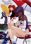  absurdres at_field ayanami_rei blue_eyes blue_hair casual_one-piece_swimsuit eva_01 hand_on_hip high_heels highleg highleg_leotard highleg_swimsuit highres jacket leotard long_hair mecha multiple_girls neon_genesis_evangelion nerv one-piece_swimsuit one_eye_closed race_queen red_eyes red_hair scan scan_artifacts shoes short_hair souryuu_asuka_langley swimsuit twintails umbrella wristband yoshizaki_mine 