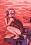  ayanami_rei barefoot blue_hair breasts diving_block from_side goggles highres kobayashi_yuuji looking_at_viewer neon_genesis_evangelion one-piece_swimsuit pool red red_eyes ripples school_swimsuit small_breasts solo squatting starting_block swimsuit 