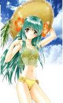  absurdres bikini copyright_request day flower hair_flower hair_ornament hat hibiscus highres kimizuka_aoi navel see-through side-tie_bikini sky solo swimsuit 