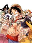  6+boys anger_vein angry antlers black_hair blonde_hair cigarette clothes_writing coin cowboy_hat facial_tattoo flag foreshortening gasparde goggles green_hair hair_over_one_eye hat highres licking licking_weapon monkey_d_luffy multiple_boys multiple_girls nami_(one_piece) nico_robin oda_eiichirou one_piece one_piece:_dead_end_adventure orange_hair pink_hair roronoa_zoro sanji scar short_hair shuraiya_bascud smile smoking straw_hat straw_hats_jolly_roger sword tattoo tony_tony_chopper usopp weapon 