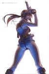  ass ass_focus beretta_92 black_lagoon denim denim_shorts gloves gun handgun highres hiroe_rei holding holding_gun holding_weapon holster long_hair mouth_hold official_art revy_(black_lagoon) shorts shoulder_holster solo tattoo weapon 