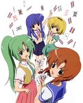  absurdres blonde_hair blue_eyes blue_hair card falling_card furude_rika green_eyes green_hair highres higurashi_no_naku_koro_ni holding holding_card houjou_satoko long_hair multiple_girls official_art open_mouth orange_hair pantyhose ryuuguu_rena sakai_kyuuta scan school_uniform serafuku short_hair skirt smile sonozaki_mion 