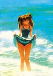  hairpods highres kobayashi_yuuji neon_genesis_evangelion one-piece_swimsuit skirt skirt_lift solo souryuu_asuka_langley swimsuit 