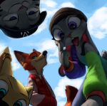  2020 anthro black_nose blue_eyes canid canine cheek_tuft clothed clothing cloud digital_media_(artwork) dipstick_tail disney ear_piercing ear_ring facial_markings facial_tuft fox fully_clothed fur green_eyes grey_body grey_fur group hands_in_pockets hat head_markings headgear headwear hi_res jack_savage jacket judy_hopps lagomorph leporid light lighting low-angle_view mammal markings multicolored_tail nick_wilde orange_body orange_fur outside piercing pink_nose pockets purple_eyes rabbit red_fox s1m shaded sky skye_(zootopia) smile striped_body striped_fur stripes theblueberrycarrots tongue tongue_out topwear tuft zootopia 