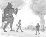  5:4 anthro bulge canid canine canis detailed_bulge domestic_dog genital_outline growth hi_res human justagoodboy larger_male male mammal monochrome muscular penis_outline size_difference walkies wolf 