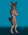  absurd_res anthro brown_body brown_fur cervid crossed_arms fluffy_chest fur grey_hair hair hi_res hooves horn male mammal neck_tuft purple_eyes short_hair solo standing tuft zikeny 