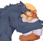  &lt;3 annoyed anthro brown_body brown_fur canid canine canis clothed clothing duo fangs fur gakujo hi_res male male/male mammal muscular muscular_male nom nude simple_background white_background wolf yellow_eyes 