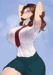  absurd_res anthro armpit_fetish big_breasts blush bodily_fluids bottomwear breasts brown_hair clothed clothing dog_girl_(bnha) female green_eyes hair heat_(temperature) hi_res looking_at_viewer my_hero_academia necktie omega56 simple_background skirt solo sweat sweatdrop wet wet_clothing 