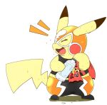  2018 3_toes beverage bodily_fluids bottle clothing cosplay_pikachu_(costume) dipstick_ears eyes_closed feet male mask midriff multicolored_ears nintendo open_mouth open_smile pikachu pikachu_libre pok&eacute;mon pok&eacute;mon_(species) semi-anthro simple_background smile solo sweat tatu_wani_(artist) toes tongue towel video_games white_background yellow_body 
