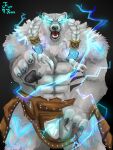  3:4 abs angry anthro armor big_muscles big_pecs black_nose blue_eyes claws claws_out fur hairy hairy_arms hi_res kangoo_draws league_of_legends magic male mammal muscular paws pecs riot_games rock rune runes solo tattoo thunder tongue ursid ursine video_games volibear white_body white_fur 