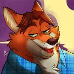  1:1 2016 anthro biped brown_nose canid canine clothing cute_fangs disney donryu fox gideon_grey green_eyes male mammal overweight overweight_male portrait shirt simple_background solo tongue topwear zootopia 
