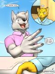  3:4 annoyed canid canine canis clothed clothing comic darth_vader_sanchez_(housepets!) dialogue felid gesture handshake hi_res housepets! jata_(housepets!) leopard male mammal outside pantherine shirt topwear trashbadger webcomic wolf 