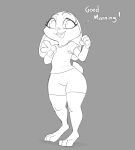  2021 3_toes anthro barefoot bottomwear buckteeth clothed clothing dialogue disney english_text feet female fully_clothed grey_background judy_hopps kionbee lagomorph leporid looking_at_viewer mammal monochrome open_mouth open_smile plantigrade rabbit shorts simple_background smile solo teeth text thick_thighs toes wide_hips zootopia 