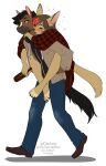 2021 4_toes 5_fingers alpha_channel anthro barefoot black_hair canid canine claws clothed clothing digital_media_(artwork) duo equid equine eyebrows eyelashes feet fingers hair hi_res horse kittydee male mammal orange_eyes plantigrade simple_background smile toes transparent_background 