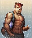  2015 abs ailurid anthro athletic ball beckoning biceps biped black_nipples black_nose bottomwear brown_body brown_fur cheek_tuft clothed clothing dated digital_media_(artwork) digital_painting_(artwork) ear_tuft eyebrows facial_hair facial_tuft fangs front_view fur gesture goatee hair half-length_portrait hand_in_pocket holding_ball holding_object hoodie ian_wynton inviting jacket looking_at_viewer male mammal muscular muscular_anthro muscular_male nipples open_clothing open_jacket open_mouth open_topwear pants pattern_background pecs pockets portrait raccoon21 red_eyes red_hair red_panda ringtail shaded short_hair signature simple_background smile soccer_ball soft_shading solo standing teeth tongue topwear tuft v-cut year 