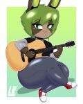  2021 absurd_res anthro bec_(lobokosmico) breasts brown_body butt canid clothed clothing curvy_figure digital_drawing_(artwork) digital_media_(artwork) female footwear fur green_eyes green_hair guitar hair hi_res lagomorph leporid lobokosmico mammal musical_instrument plucked_string_instrument rabbit shoes short_stack signature simple_background solo string_instrument thick_thighs topwear 