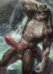  2021 abs animal_genitalia animal_penis anthro balls big_penis blue_eyes brown_body brown_fur canid canine canine_penis canis erection fur genitals grey_body grey_fur hand_behind_head hi_res huge_penis knot looking_at_viewer male mammal muscular muscular_anthro muscular_male partially_submerged pecs penis raised_arm rakan solo thebigslick vein veiny_penis water waterfall wolf 