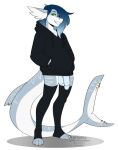  2021 alpha_channel anthro balls blue_hair bottomless clothed clothing digital_media_(artwork) fin fish genitals girly hair hi_res humanoid_genitalia humanoid_penis kittydee looking_at_viewer male marine penis shark simple_background smile solo transparent_background 