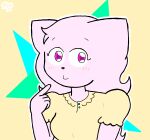  blush blush_lines clothing domestic_cat dress felid feline felis female fur gesture humanoid looking_at_viewer mammal marianne_(mew_arts) mew_arts_(artist) oblivious pink_body pink_fur pointing pointing_at_self purple_eyes simple_background solo yellow_clothing yellow_dress 