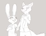  2021 anthro bottomwear canid canine clothed clothing disney duo female fox fully_clothed grey_background hand_holding jewelry judy_hopps kionbee lagomorph leporid looking_at_another male mammal monochrome necklace necktie nick_wilde open_mouth open_smile pants rabbit red_fox shirt simple_background smile topwear zootopia 