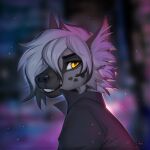  2021 ambiguous_gender anthro black_nose blurred_background bust_portrait clothed clothing digital_media_(artwork) f-r95 fur grey_body grey_fur grey_hair hair hi_res hyaenid looking_at_viewer mammal night outside portrait side_view smile solo tuli_(thehyperblast) yellow_eyes 